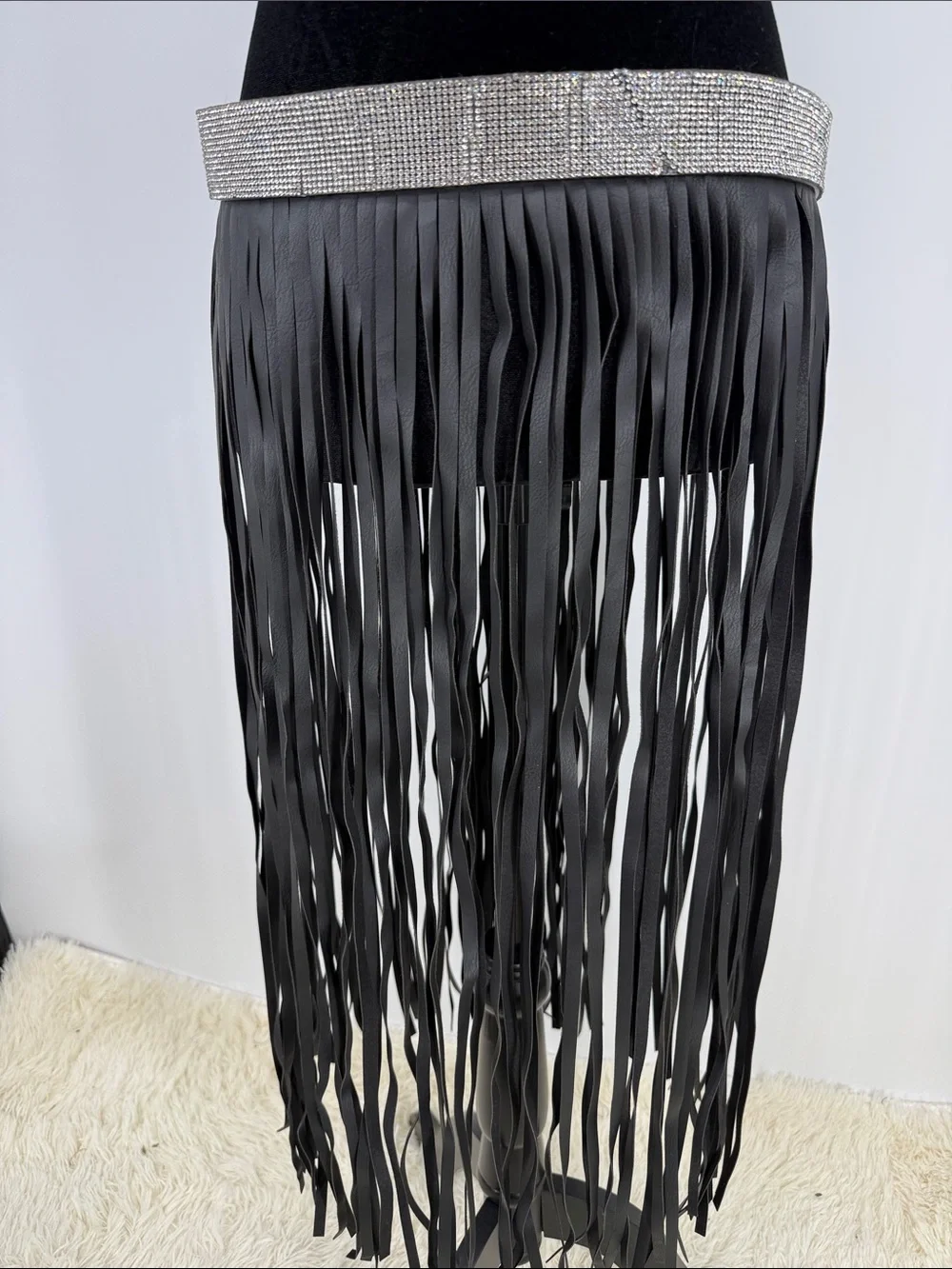 Faux Leather Fringe Belt with Rhinestone Waistband - Black